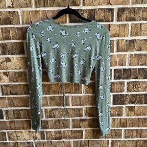 Floral Olive Long Sleeve Crop Top